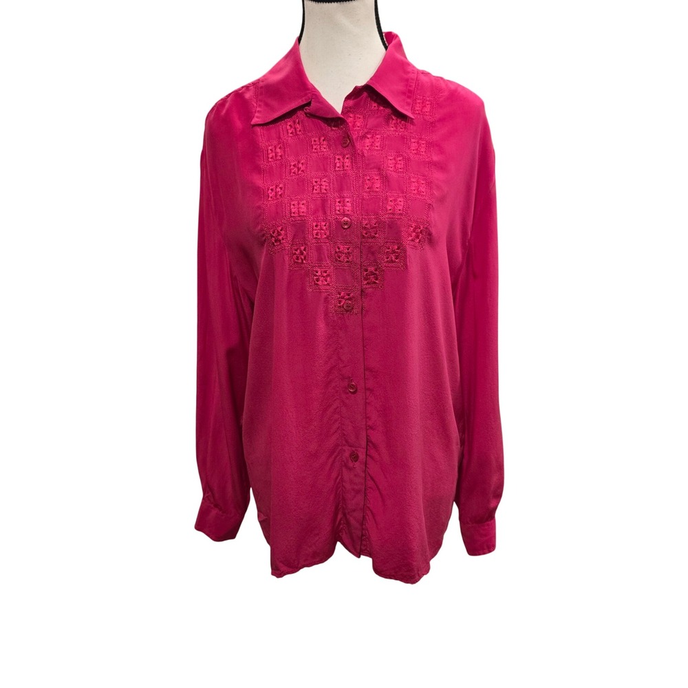 Vintage 90s Sia Bellini 100 Silk Blouse 5 6 Fuchsia Pink Embroidered Shirt